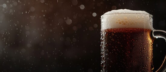 Poster - A close up image of a dark beer mug with white foam against a dark background providing space for additional elements