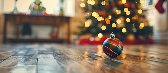 Wall Mural - A close up of a Christmas tree ball decoration on a wooden floor with a bright Christmas tree in the background creating a festive holiday atmosphere with copy space image