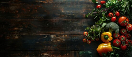 Poster - A captivating food styling scene with an assortment of fresh raw vegetables and herbs elegantly arranged on a dark wooden table perfect for healthy eating ideas with copy space image