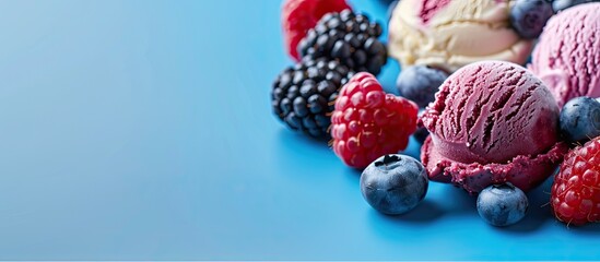 Aufkleber - A blue backdrop displays a colorful ice cream serving topped with blueberries blackberries and raspberries Copy space image