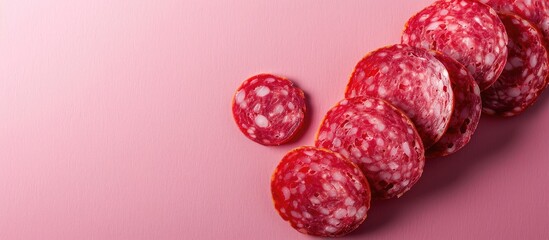 Canvas Print - Delicious salami slices arranged on a bright backdrop with copy space image