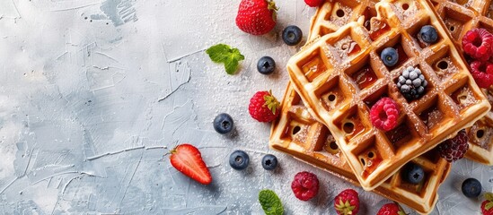 Poster - Top view of Belgian waffles on a menu concept background with copy space image for text perfect for showcasing a sweet dessert option with organic and healthy eating connotations