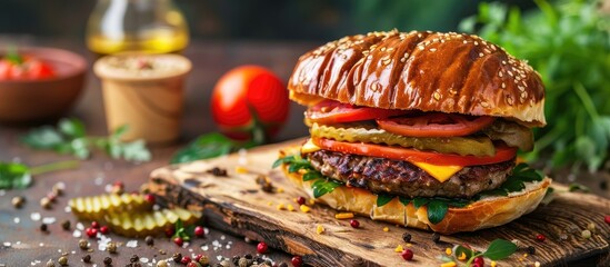 Poster - Burger wellington with marble beef cornichons tomato cheddar and dough presented in an American food concept setting with a background image and copy space
