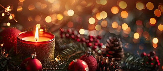Leinwandbilder - Christmas themed decorations with a lit candle create a cozy holiday ambiance against a festive backdrop in this copy space image
