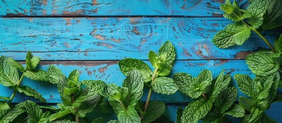 Aufkleber - Close up view of vibrant wild mint leaves and branches on a blue wooden table background with copy space image