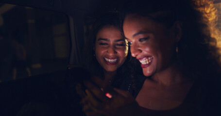 Aufkleber - Dating app, phone and woman friends in car at night for communication, commute or travel together. Backseat, social media and smile with taxi passenger people in vehicle for transport to location