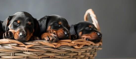 Poster - Doberman puppies resting peacefully in a basket creating a charming scene with a copy space image