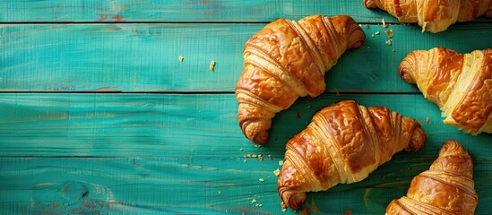 Poster - Close up of delectable croissants on a green wooden backdrop with ample copy space image