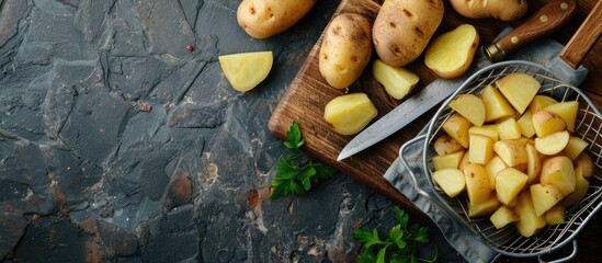 Aufkleber - Chopped raw potato with a knife on a cutting board next to a potato in a fry basket with copy space image
