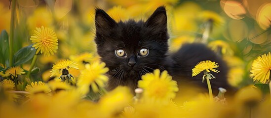 Poster - A black kitten with fluffy fur is concealed amidst vivid yellow dandelions in a horizontal banner style image with copy space
