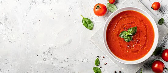 Poster - Cold gazpacho soup in a bowl on a light stone background with ample copy space image promoting a healthy food concept