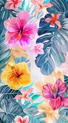 Poster - Wallpaper flower bushes hibiscus blossom pattern.