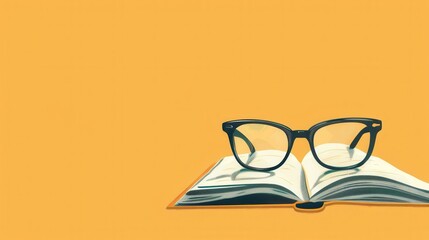 Fototapete - A black-framed pair of glasses sits on an open book on a yellow background. Generative AI