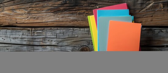 Poster - Colorful notepads placed on a wooden plank board with available copy space image
