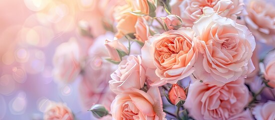 Poster - Delicate roses in full bloom decorate a festive background creating a pastel and soft floral card with copy space image