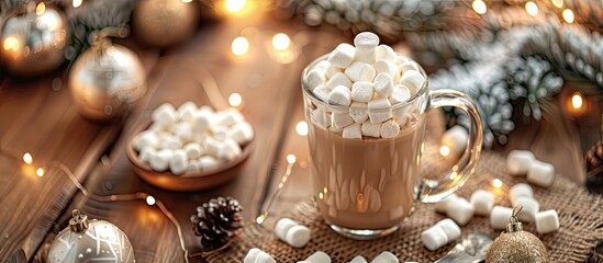 Aufkleber - Cozy Christmas and New Year ambiance with a hot chocolate drink topped with marshmallows presented in a glass mug on a wooden table with winter decor Ideal for a copy space image