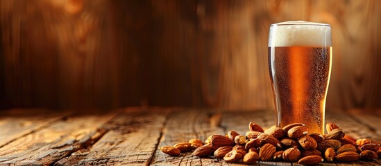 Aufkleber - Beer glass and almond nut arrangement on wooden backdrop with copy space image