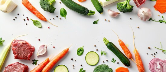 Wall Mural - Top down view of meat vegetables like zucchini and carrots on a white background in an image with space for duplicating content. Creative banner. Copyspace image