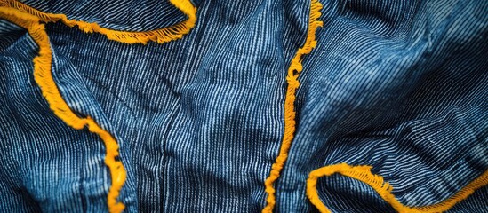 Aufkleber - View from above of denim fabric with a prominent double yellow seam creating a captivating background texture perfect for copy space image