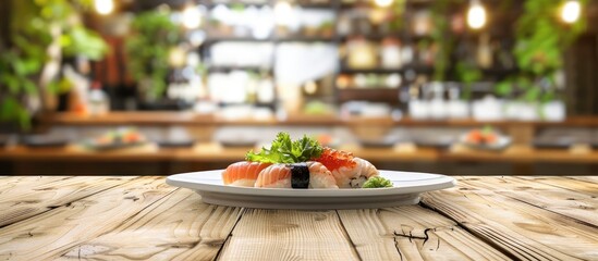 Sticker - Blurry sushi served on a white plate on a wooden dining table in a Japanese restaurant with a background promoting healthy eating including a copy space image