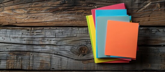 Poster - Colorful notepads placed on a wooden plank board with available copy space image