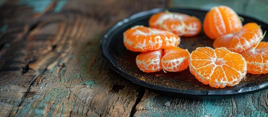 Aufkleber - Close up side view of Mandarin slices arranged on a black plate placed on a rustic wooden table with copy space image for text