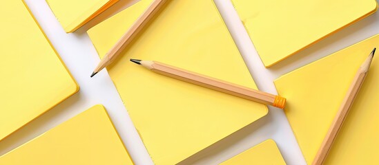 Wall Mural - An array of blank yellow notepads showcased with a wooden pencil against a white background for a copy space image