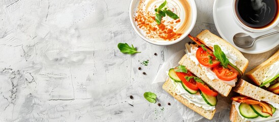 Poster - Breakfast featuring coffee sandwiches with cream cheese cucumber and tomato a classic morning meal with a traditional touch with room for copy space image