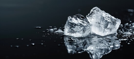 Leinwandbilder - Clear ice piece on reflective black surface with copy space image
