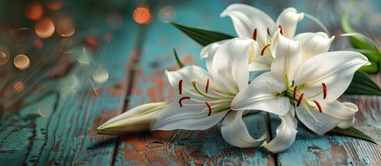 Aufkleber - Close up of Lily flowers on a wooden background with copy space image