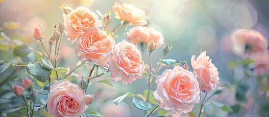 Poster - Collage of roses blooming in summer with a soft pastel tone selective focus perfect for adding text or graphics against a blank background in an image. Creative banner. Copyspace image