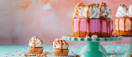 Poster - Colorful background enhances dessert stand with delectable caramel cake creating an appealing display in the photo with copy space image
