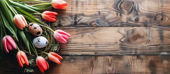 Fototapete - Decorative Easter eggs with tulips on a wooden backdrop with copy space image