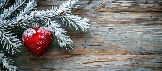 Aufkleber - Top view of a Christmas tree branch covered in snow adorned with a heart ornament placed on a wooden table complete with copy space image
