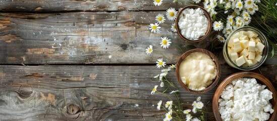 Aufkleber - Assorted dairy products displayed on a vintage wooden surface with room for text or images overhead. Creative banner. Copyspace image