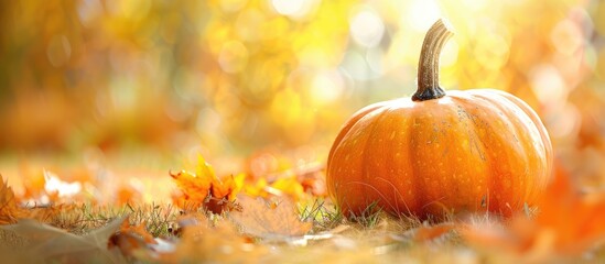 Poster - Close up view of a pumpkin in autumn with space for text or image insertion. Creative banner. Copyspace image