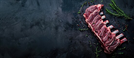 Poster - A butcher table displaying a raw rack of lamb ribs with a dark background in a top view Ample copy space for customization in the image