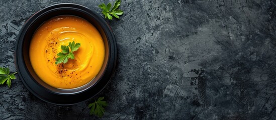 Aufkleber - Top view of a classic pumpkin soup presented on a dark slate table with ample copy space image