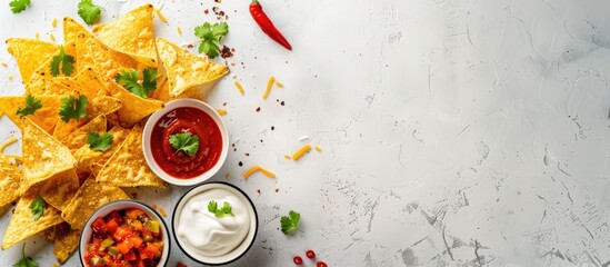 Poster - Top view composition featuring delicious nachos and various sauces on a bright background ideal for including text in the copy space image