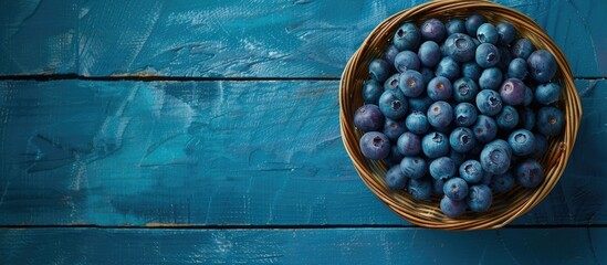 Poster - Blueberries in a wicker bowl on a blue wooden table in a flat lay shot Background concept with a copy space image for healthy nutrition and vitamins