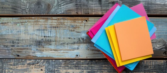 Poster - Colorful notepads placed on a wooden plank board with available copy space image