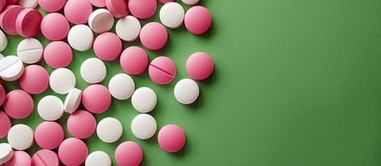 Aufkleber - Bulk white and pink tablets on a green background with copy space image