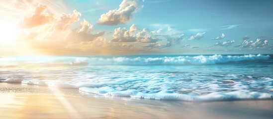 Poster - Blurred beach with sunlight and blue sky suitable as a copy space image for summer vacation and business travel ideas
