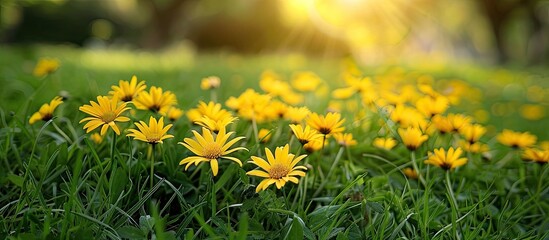 Aufkleber - Bright yellow daisies blooming in the grass on a sunny summer day with a natural setting ideal for a copy space image