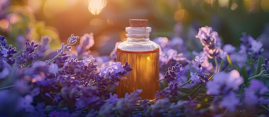 Poster - Aromatherapy glass bottle filled with lavender oil displayed over fresh flowers creating a serene copy space image