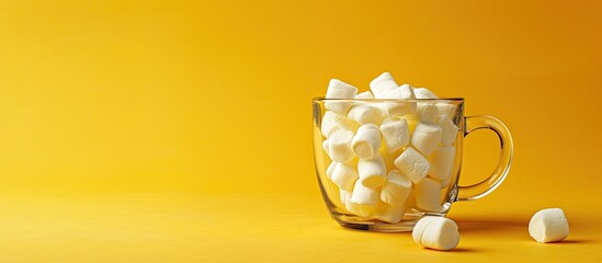 Sticker - Creative concept of a glass cup with marshmallows on a yellow background featuring copy space image