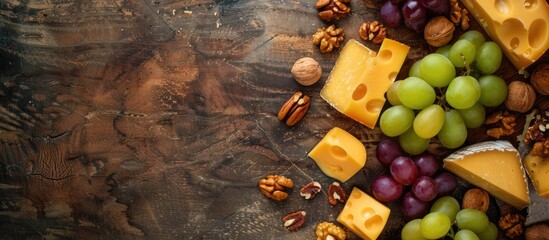 Poster - Cheese arrangement with nuts and grapes shot from above with ample free copy space for text or design elements in the image
