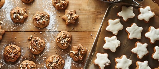 Poster - Top view displaying a delectable batch of gingerbread cookies filled with nuts being baked with a designated area for text in the image. Creative banner. Copyspace image