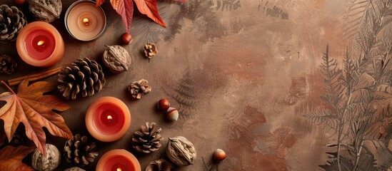 Aufkleber - Craft paper background with autumn themed items like candles walnuts and cones arranged in a flat lay view for Fall and Thanksgiving concepts featuring copy space image