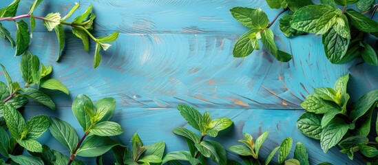 Aufkleber - Close up view of vibrant wild mint leaves and branches on a blue wooden table background with copy space image